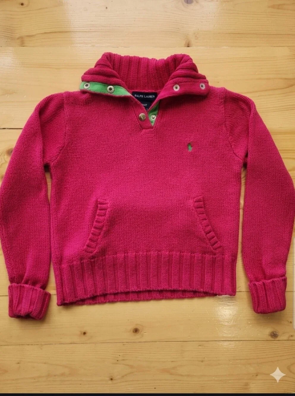 Vintage Ralph Lauren Hot Pink Girl's Neon Green Pony Turtleneck Sweater 4T